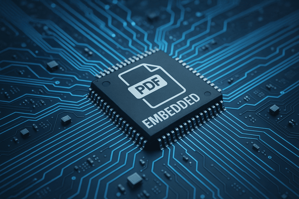 Microchip with a PDF file icon and the word 'EMBEDDED' on a blue circuit board with multiple connecting lines.